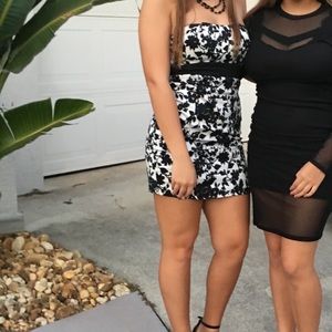 Black and white floral print strapless dress